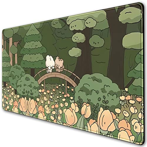 Anime-Forest-Schreibtischunterlage, niedlich, grün, Kawaii-Ästhetik, komplett, XXL, XL, erweiterte koreanische Tiere, Bär, Hase, Tastaturmatte, 80 x 39,9 cm, rutschfest, genähte Kanten
