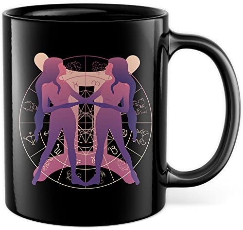 Tazza con segno zodiacale Gemini Gemelli, tazza da caffè con segno del cielo e segno zodiacale, idea regalo, astrologia, costellazione, compleanno, tazza da tè, nascita, oroscopo costellazioni (nero)