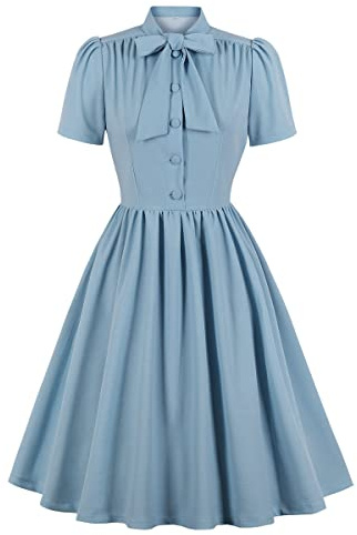 Vintage-Damenkleid im Stil der 1940er-Jahre, mit Fliege am Ausschnitt, Retro-Stil, 40er-/50er-Jahre-Stil, Knopfleiste, Business, Arbeit, A-Linie, Cocktailkleid, Hell, blau, XX-Large