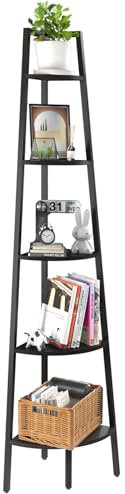 Yoobure Estantería esquinera de 5 niveles con marco de metal y estantes de escalera de madera, estante de exhibición y estantería alta, soporte para plantas para decoración del hogar, dormitorio, sala