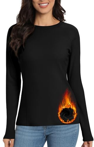 Jiuday Thermoshirt Damen Langarm Winter Thermo Oberteil Fleece Thermo Langarm Shirt Funktionsshirt Thermo Unterhemd mit Rundhalsausschnitt für Haus Sport Skifahren (Schwarz,M)