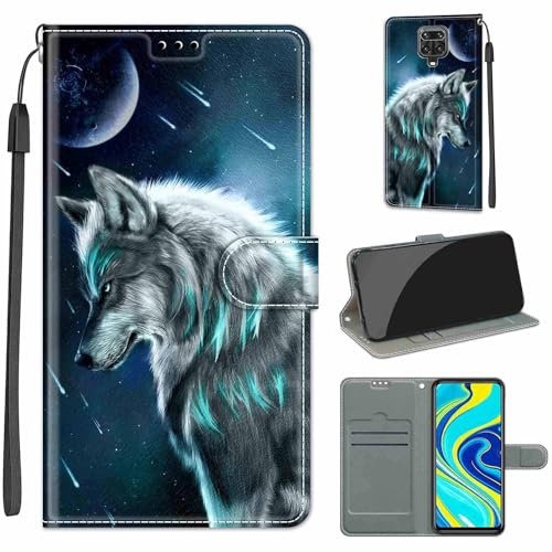 Handyhülle für Xiaomi Redmi Note 9S Hülle, Xiaomi Redmi Note 9 Pro Hülle, Premium Leder Flip Klappbare Stoßfeste Magnetische [Standfunktion] [Kartenfächern] Schutzhülle Tasche - Wolf