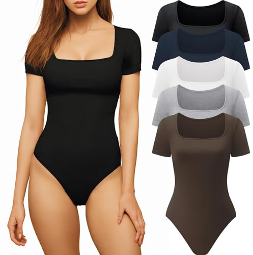 CE' CERDR 5 Pack Bodysuits for Women Short Sleeve Square Neck Tops,L
