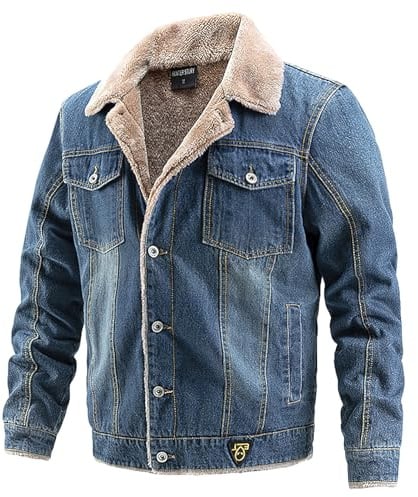 Jamron Uomo Inverno Giacca Jeans Foderata in Pile Imbottite con Collo Giacca Denim in Felpa Calda con Tasche