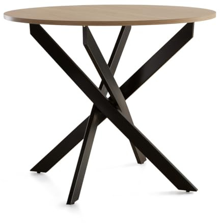 Home Heavenly® - Mesa Redonda Comedor Cocina Blake, Mesa Industrial 90 cm diámetro con Patas metálicas entrecruzadas. (Tapa Roble Pata Negra)