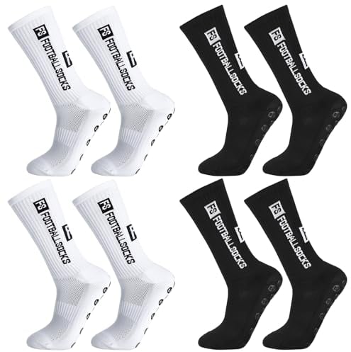 Apricitie 4 Paare Fußball Socken, 39-46 Fußballsocken Anti Rutsch Grip Sportsocken Rutschfeste Fussball Socken für Herren Damen, Weiß, Schwarz