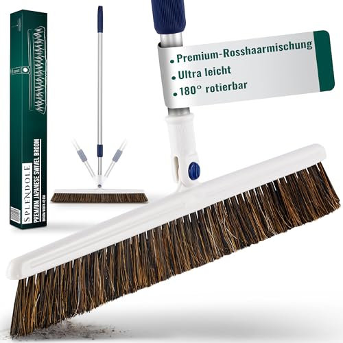 Splendole Swivel broom, premium indoor broom sweeping brush, 45 cm wide, telescopic handle, ultra light weight, premium soft horsehair bristles