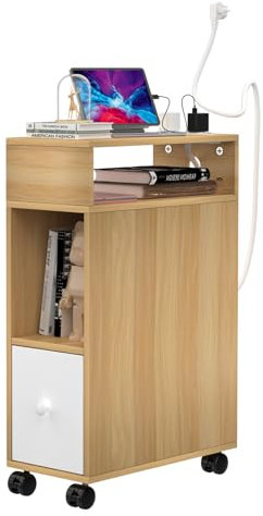 Lvhecforhm Table de Chevet Étroite avec Prise, Table de Nuit avec 2 Compartiments Ouverts et 1 Tiroir, Table de Chevet avec roulettes, Bout de Canapé, Table d'Appoint pour Salon, Chambre ou Bureau