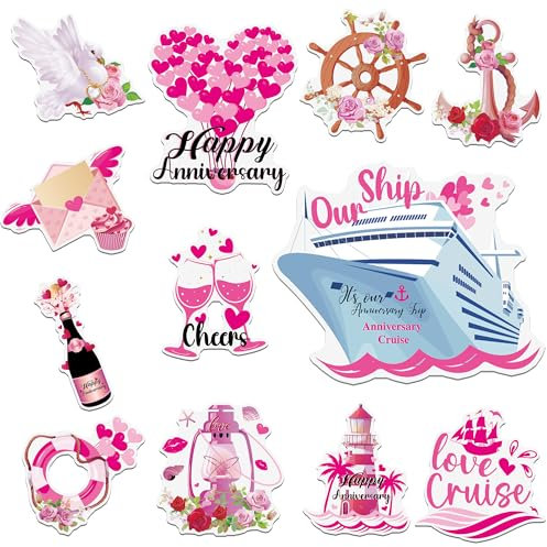 12 Pcs Anniversary Cruise Door Decorations Magnetic - Pink Love Cruise Anniversary Cruise Door Magnets, Happy Anniversary Decorations, Cruise Magnets for Cabin Door Party Fridge
