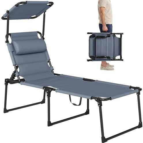 Outsunny Tumbona Plegable, Tumbona Jardín Exterior con Toldo Ajustable, Respaldo Regulable en 4 Niveles, Reposacabezas, Cojín Grueso, para Terraza, Piscina, 70x200x45 cm, Gris