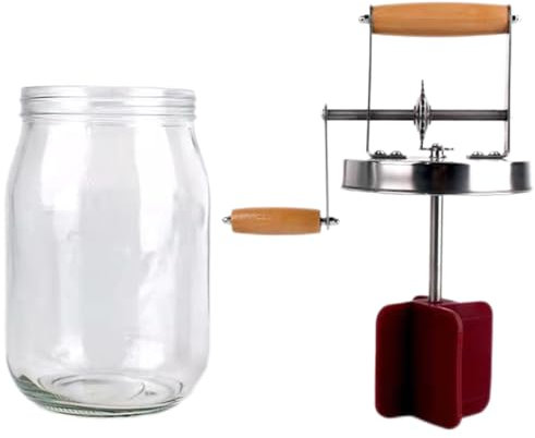 Butter Churner Hand Crank - 1L/1.5L Manual Baking Gadget with Wooden Handle and Stainless Steel Gear - Mason Jar Included for Homemade Butter Making