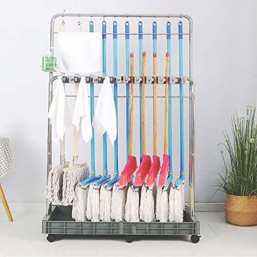 Drain Rack Broom Mop Holder Floor-Mounted Rack Broom And Mop Holder,Utility Rack For Mops And Brooms,Movable Commercial Mop Rack,Movable Hand Trucks,Cleaning Supplies Organizer,