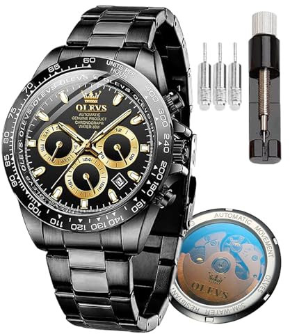 OLEVS Herren Automatikuhr Automatikuhr Geschwindigkeitsmessung Timing Lünette Mechanische Uhr Wasserdicht und Leuchtend Kalender Woche Edelstahl Präzisionsband, 6638, schwarz, Klassisch