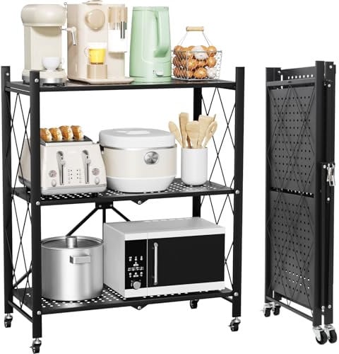 VELPAX Folding Storage Shelves, 3 Tiers Metal Shelving Units for Storage 28.3×13.4×35 inch, Kitchen Shelves on Wheels, Pantry Shelves, Bookcase for Living room