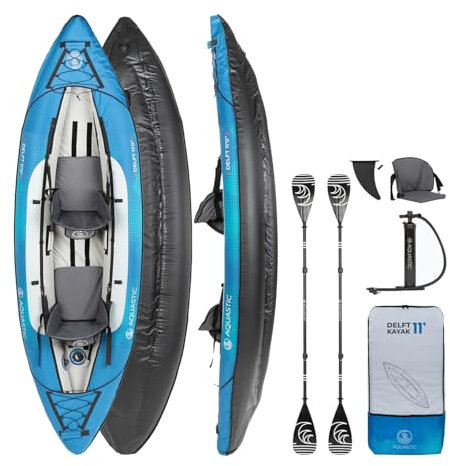 AQUASTIC Kajak Dolph 11'0 Aufblasbares 2-Personen-Kajak im Set mit Zwei Sitzen Aufblasbarer Stabilisator und Schutzhülle 335x96 cm Ideal für Rafting und Ausflüge Starkes PVC-Material