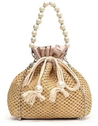 YUEZHAN Abendtasche Damen Clutch Handgemachter Strohhalm Ausgehöhlte Handtasche Mit Perlen Strand Mit Großer Kapazität Umhängetasche Rosa