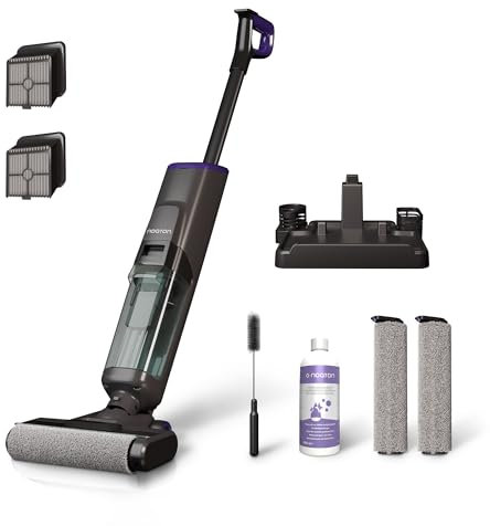 Noaton Aspirateur Laveur Sec Humide, Nettoyeur de Sol sans Fil, Fonction d’Auto-Nettoyage, Écran LED, 50 Minutes Autonomie, Économie d'espace, Filtre HEPA, pour Les Saletés Collantes, Sols Durs