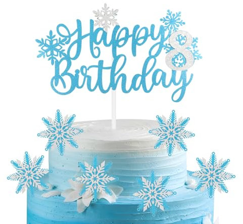 mciskin 7pcs Frozen Birtdhay Cake Toppers,Blue Snowflake 8th Birthday Decorations for Girl,8 Cake Topper,Frozen Cake Decorations,Blue Silver Cupcake Toppers for Snowflake Themed Party Decorations
