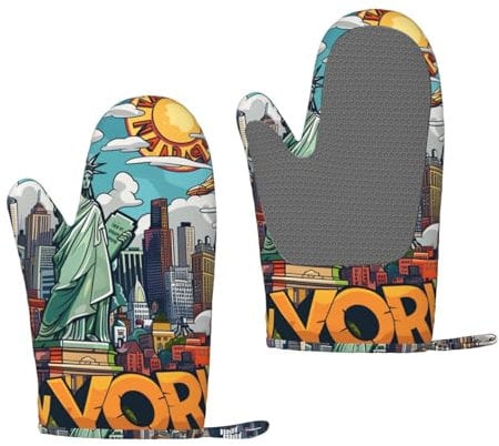 Cartoon Cute New York USA Theme Art Printed Silicone Oven Mitts Set of 2 Pcs Heat Resistant Non-Slip Oven Gloves for Kitchen Cooking Baking Grilling