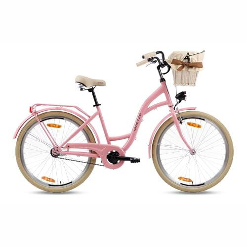 Goetze Style 26 Zoll Damen Citybike, Tiefeinsteiger, 1-Gang, Rücktrittbremse, LED-Beleuchtung, Gepäckträger, Komfortsattel, Schutzbleche, Rattankorb mit Stoffeinsatz, Hollandrad für Stadt & Einkauf!