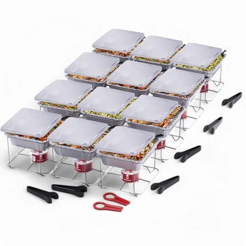 Alpha Living 12 Pack - Disposable Chafing Dish Buffet Set, Welded Body Food Warmers for Parties, 2hr Fuel Cans Complete Set, Half Size Pans, Warming Trays