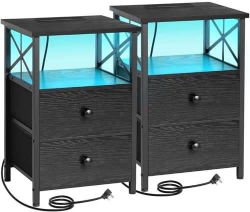 AMHANCIBLE Bedside Table Set of 2, Side Table with Charging Station and Led Lights, Bedside Cabinet with 2 Fabric Storage Drawers, Sofa Side Table, Nightstand for Living Room, Bedroom, Black HET052LBK
