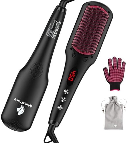 Hair Straightener Brush by MiroPure, 2-in-1 Ionic Straightening Brush with Anti-Scald Feature, Auto Temperature Lock & Auto-Off Function
