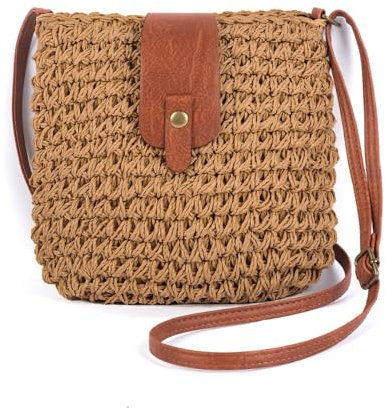 Iridsmole Straw Bag for Women, Summer Beach Straw Bag with Adjustable Strap, Women's Beach Crossbody Bags with Zipper, Bohemian Weave Handmade Handbags for Beach Travel