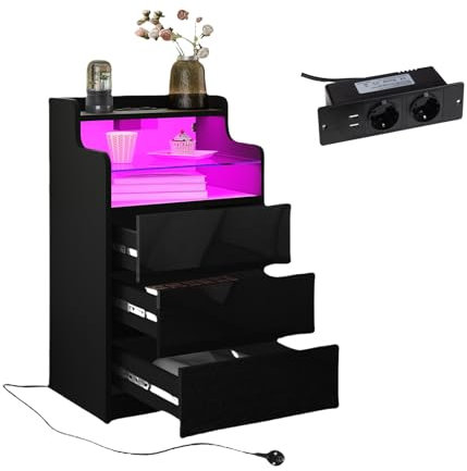 Nachttisch mit Steckdose und LED-Beleuchtung, Hochglanz Nachtschrank mit steckdose und 3 Schubladen - offene Ablageebenen mit Gehärtetes Glas für Wohnzimmer und Schlafzimmer 45x35x76 cm (Schwarz)
