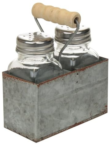 Macosa Home SA83054 Salière et poivrière argentée dans un support en métal zinc argenté style maison de campagne support en zinc avec poignée rustique décoration de cuisine salière décoration de table