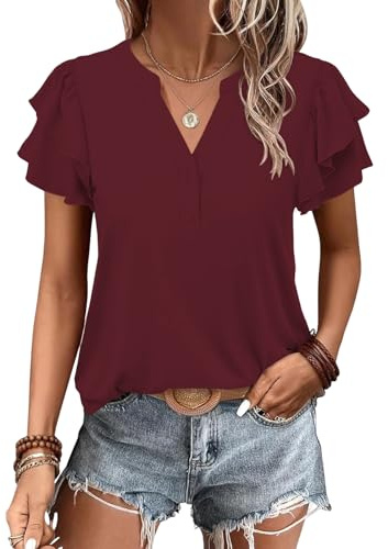 Cuptacc T Shirt Donna Maglietta Donna Maniche Corte Blusa Estiva con Scollo a V Top Elegante Camicia Maniche Corte | con abbottonatura, maniche a volant, arioso, casual, comodo, da ufficio, da viaggio
