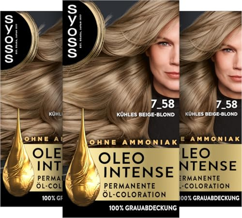 Syoss Oleo Intense Öl-Coloration 7-58 Kühles Beige-Blond (3x 130 ml), dauerhafte Haarfarbe mit pflegendem Öl schützt vor Haarschäden, für 100% Grauabdeckung, Coloration ohne Ammoniak