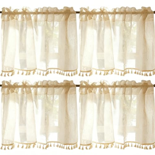 2 Stück Boho Beige Scheibengardinen, 150×40cm Vintage Boho Vorhang mit Quasten-Design, Französischer Leinen Kurzstore Gardinen, Halbtransparent Gardinen für Küche, Wohnzimmer, Schlafzimmer, Landhaus