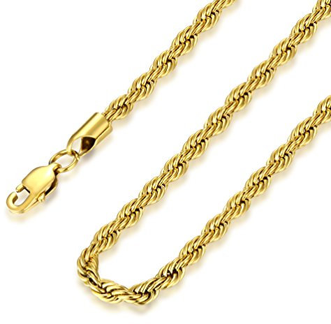 FOSIR 4mm Herren Halskette Kordelkette Seilkette Edelstahl Goldfarben (Länge 45-75cm)