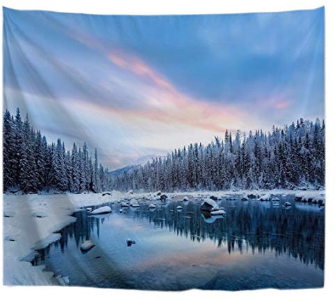 A.Monamour Wanddekor Wandteppiche Kalt Winter Sonnenuntergang Zeit Blauer Himmel Eis See Weiß Schnee Stein Kiefer Weihnachten Bild Stoff Hippie Mandala Wandbehang Tapisserie 153x130cm