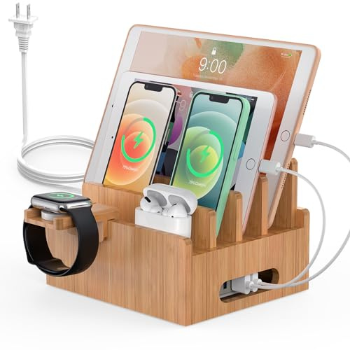 Bamboo Charging Station for Multiple Devices with 5 Port USB Charger, 5 Charger Cables and AirPod & Watch Stand. Pezin & Hulin Desk Wood Docking Stations Electronic Organizer for Cell Phone, Tablet,