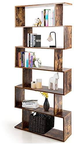 DREAMADE Bücherregal Standregal mit 6 Fächer, Treppenregal Würfelregal Holzregal Dekoregal, Raumteiler Aktenregal Pflanzenregal Aufwahrung Regal für Wohnzimmer Büro Balkon (Kaffee)