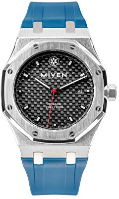 MIYEN MUNICH Monaco Herren Uhr – Karbonziffernblatt mit Miyota Quarz Präzisionslaufwerk Saphirglas & Datumsfunktion – Silber Uhr Herren