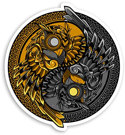 2 x Yin Yang Eulen Vinyl-Aufkleber – Vogel Gold Steam Punk #29262