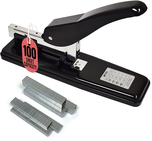 Better Office Products Schwerlast-Heftgerät mit 2.000 Heftklammern, schwarz polierter Stahl, 100 Blatt hohe Kapazität, abgerundeter ergonomischer Hebel und gewichteter Stabilitätsbasis, staufreier