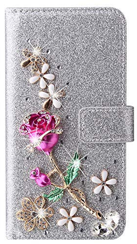 Glitzer Lederhülle für Samsung Galaxy A52 5G PU Ledertasche Glänzende Strass Hülle 3D Rose Design Crystal Schutzhülle Flip Cover Bumper Handyhülle Kartenfächer Etui Galaxy A52 5G - Silber