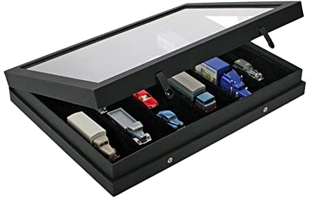 SAFE 5674 Sammel Vitrine Black Edition 6 Fächer à 275 x 57 mm mit Echtglasabdeckung | mattschwarzen Leinenstruktur-Oberfläche | 40 x 30 x 5,5 cm