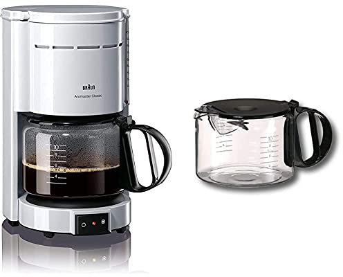Braun Kaffeemaschine KF 47 WH - Filterkaffeemaschine mit Glaskanne für klassischen Filterkaffee, Aromatischer Kaffee dank OptiBrew-System, Abschaltautomatik, weiß & KFK 10L Ersatzkanne, schwarz