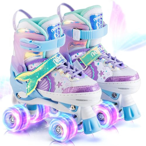 NEMONE Mermaid 4 Size Adjustable Light up Roller Skates for Girls, Blue Purple Skates for Toddlers, Beginner Kids Roller Skates Indoor Outdoor (Blue M)