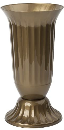 Außen Vase für Außenbereich Garten oder Grab in runder Form sehr robustem Kunststoff mit Standfuß Gold 29 cm