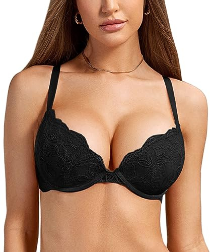DOBREVA Women's Push Up Lace Bra Underwire Plunge Full Coverage Bras Sexy Plus Size Support Black 36DD
