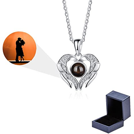 LLKCHQD Personalized Photo Projection Necklace, 925 Sterling Silver Projection Photo Necklace Custom Gift I Love You 100 Languages Pendant Jewelry Gifts Women Girls,Silver Full Color