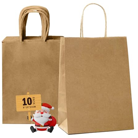 GIFTSAY 10stk Papiertüten mit Henkel Klein Braun 15X8X21cm, Geschenktüten für Hochzeitsfeier, Einkaufstüten, Einzelhandelswarentüten und Geburtstags