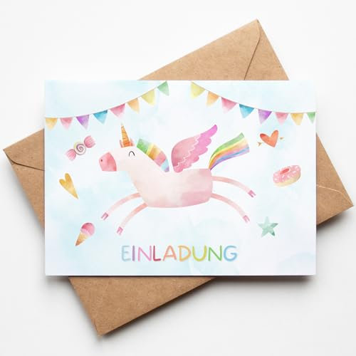 10 Einhorn Einladungskarten für Kindergeburtstage mit Umschlägen, Süße rosa Einladung für Mädchengeburtstag zum Ausfüllen, Mädchen Geburtstagseinladung Mottoparty Einhorn
