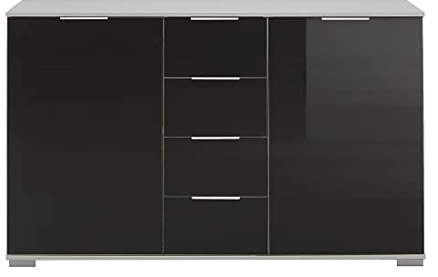 Lomadox Schlafzimmer Sideboard in weiß mit schwarzem Glas, B/H/T ca. 130/83/41 cm